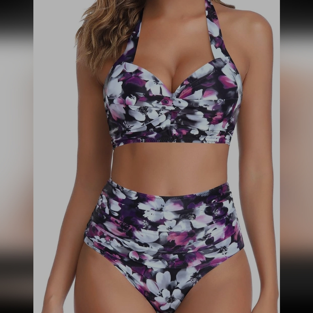 Tempt Me two piece Retro Halter Ruched High Waist Bikini, floral print, L